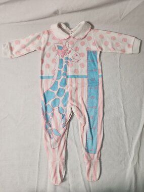 Le Roi Baby Footie Pajamas Pink Stripe Giraffe Height Chart USA Made VTG 70s 80s